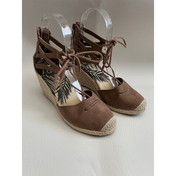 Dolce Vita Taupe Suede Manica Lace Up Zip Back Espadrille Wedge 6M Boho ethereal - Picture 1 of 12